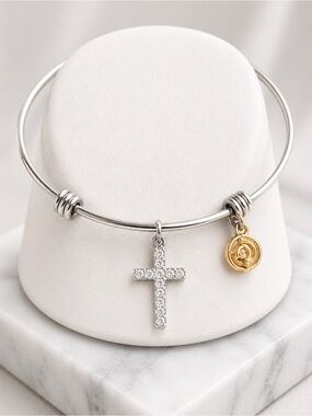 LOVE THIS LIFE Faith Cross Expandable Bangle Bracelet Crystal Stainless OS NWT